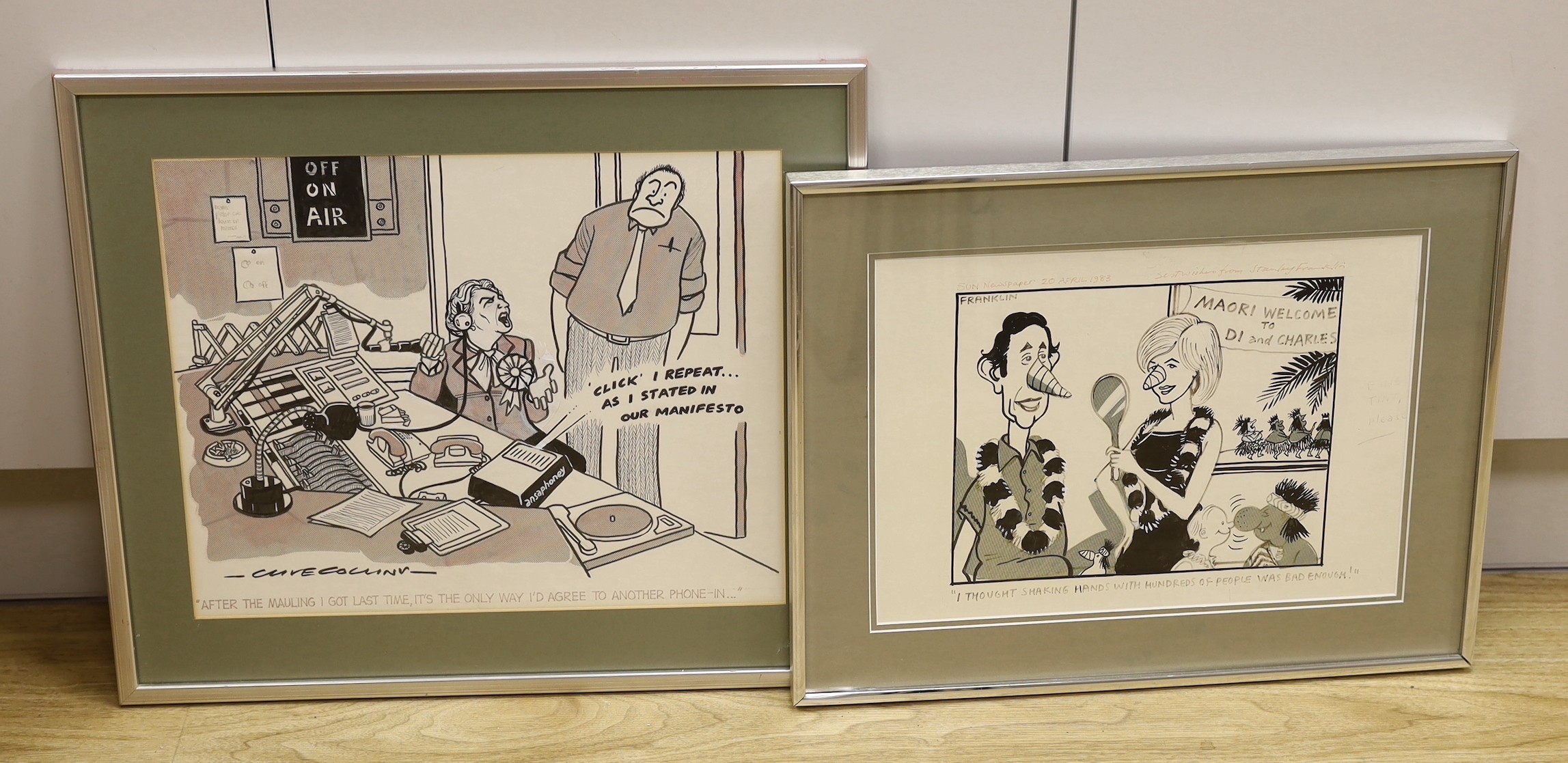 Clive Collins (1942-2022) and Franklin (1930-2004), two original cartoons for the The Sun, 'Margaret Thatcher Radio Phone-In' and 'Charles and Diana in New Zealand', 32 x 39cm and 25 x 35cm